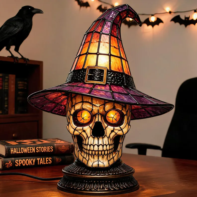 🎃💀🦇🐱🦉👻Stained Witch Hat Table Lamp, Halloween Gothic Cat Skull Owl Desk Lamp, Vintage Ambient Light Decor Gift