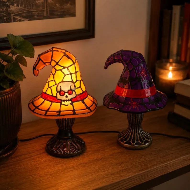 🎃Witch Hat Lamp for Halloween Decor, Stained Glass Style Table Light, Purple Spider or Orange Skull, Gothic Gift