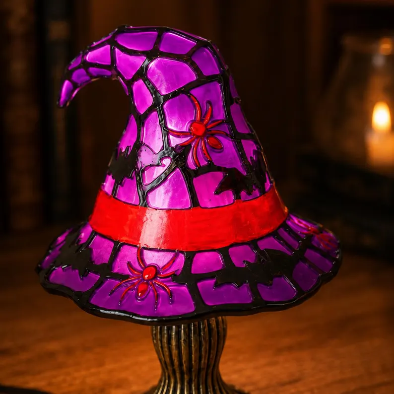 🎃Witch Hat Lamp for Halloween Decor, Stained Glass Style Table Light, Purple Spider or Orange Skull, Gothic Gift