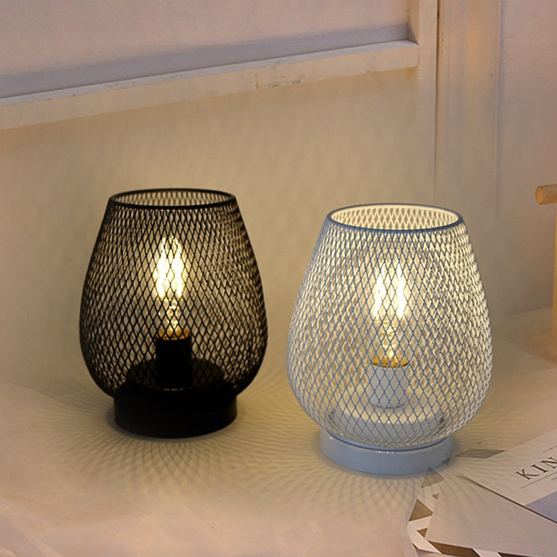 Retro Iron Art Table Lamp Battery Night Light Hollow Birdcage