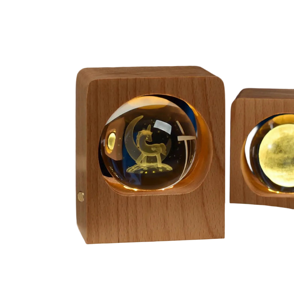 Crystal Ball Night Light Lamp Wood Base 3D Engraving Beech USB