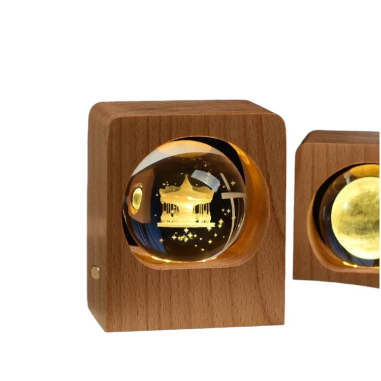 Crystal Ball Night Light Lamp Wood Base 3D Engraving Beech USB