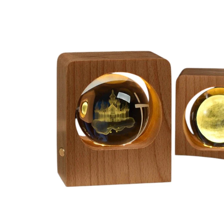 Crystal Ball Night Light Lamp Wood Base 3D Engraving Beech USB