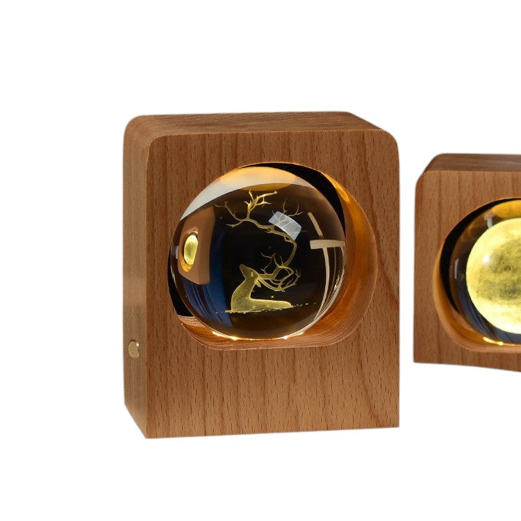 Crystal Ball Night Light Lamp Wood Base 3D Engraving Beech USB