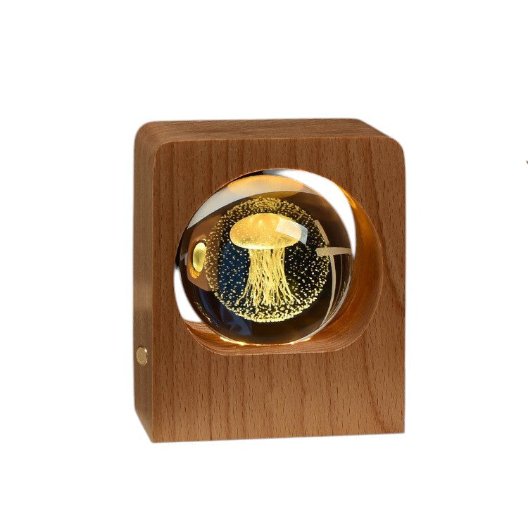 Crystal Ball Night Light Lamp Wood Base 3D Engraving Beech USB