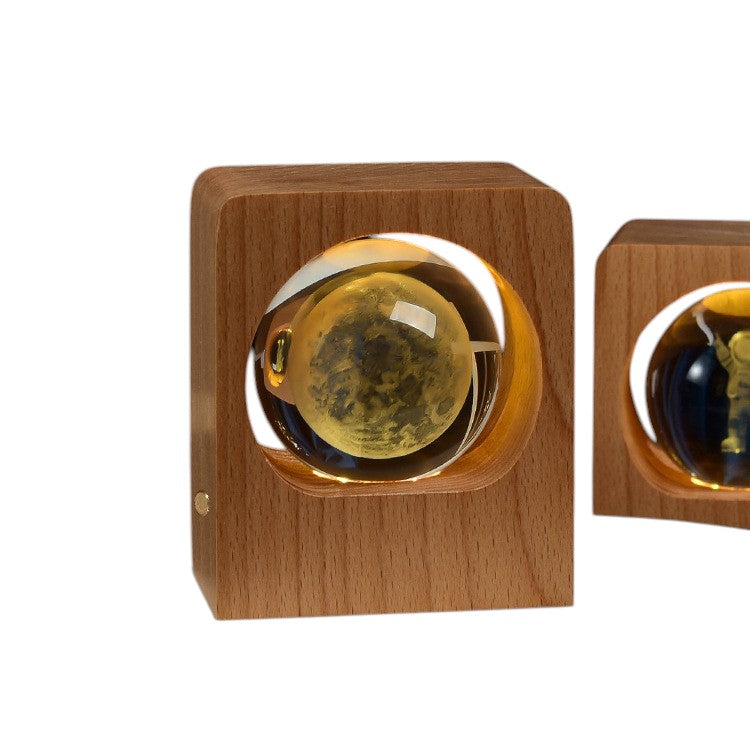 Crystal Ball Night Light Lamp Wood Base 3D Engraving Beech USB