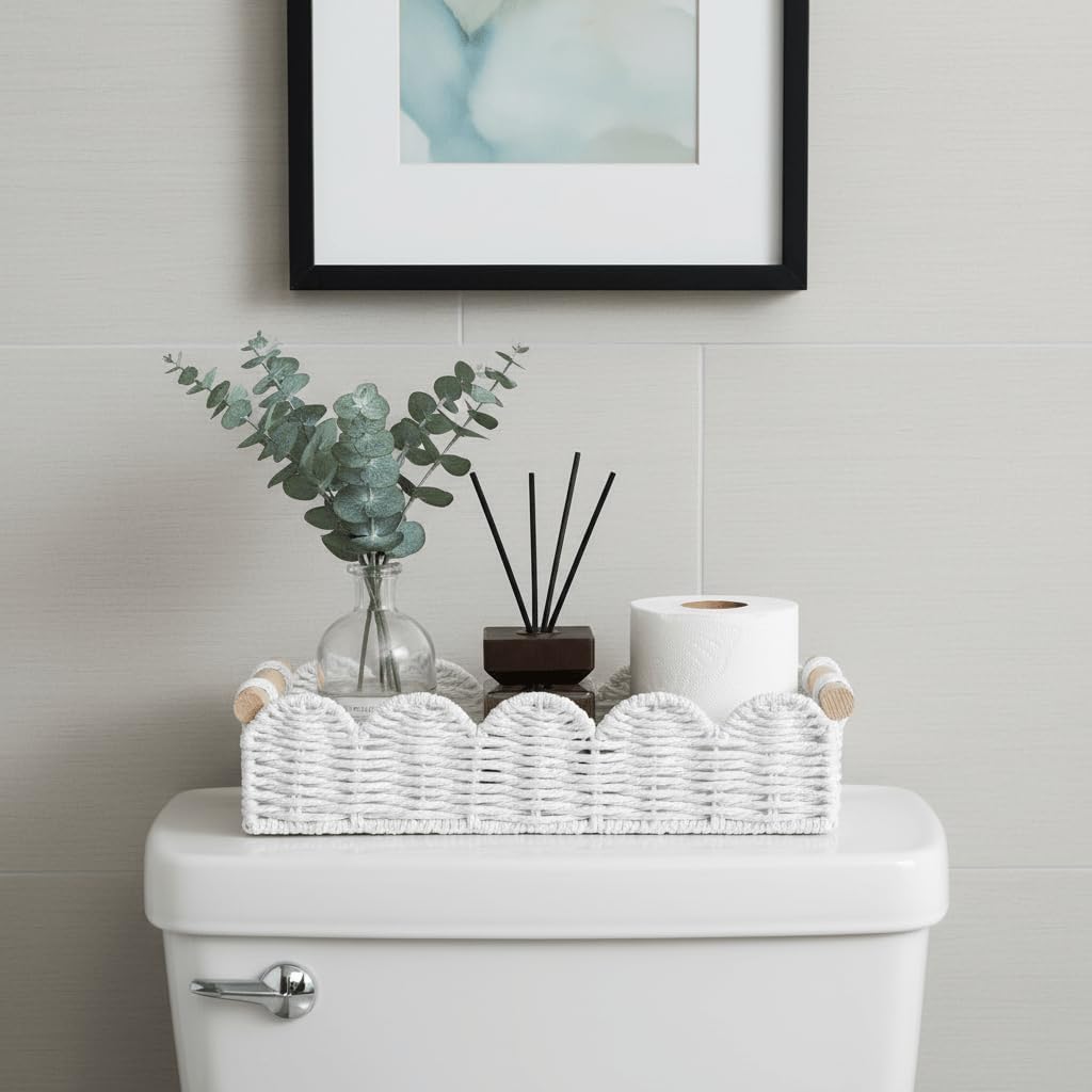 Scalloped Edge Toilet Paper Storage Basket, Living Room Home Cozy Decor Basket, Paper Rope Small Baskets for Over Toilet Storage Shelf, End Table, Shelves, with 2 Wooden Handles, Grey