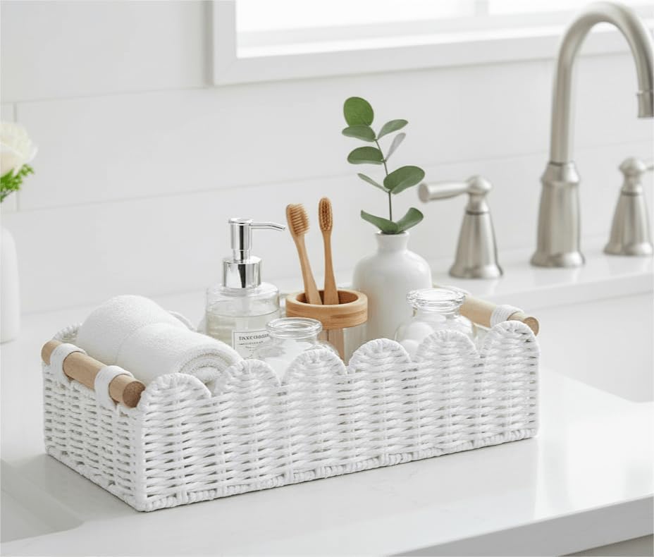 Scalloped Edge Toilet Paper Storage Basket, Living Room Home Cozy Decor Basket, Paper Rope Small Baskets for Over Toilet Storage Shelf, End Table, Shelves, with 2 Wooden Handles, Grey