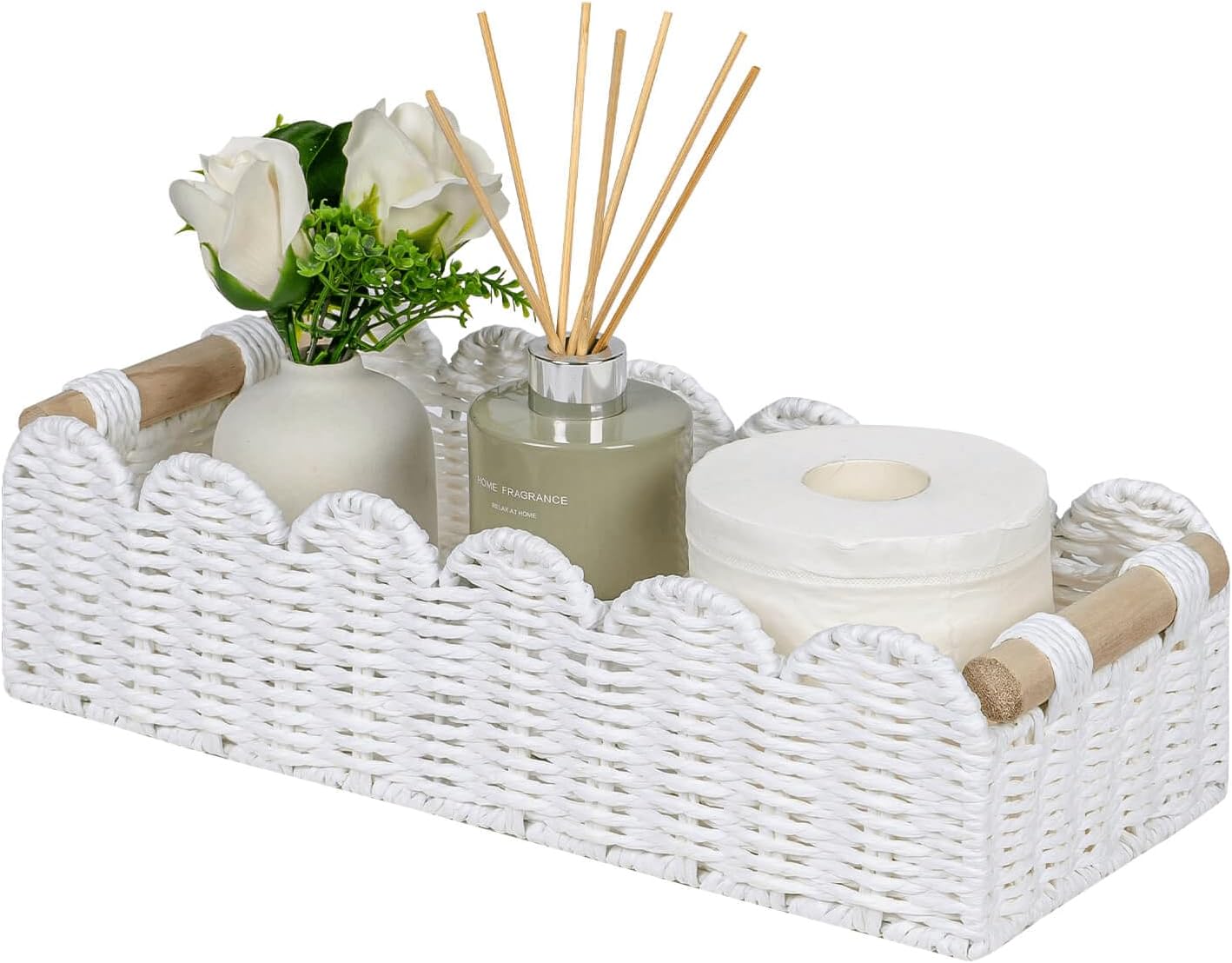 Scalloped Edge Toilet Paper Storage Basket, Living Room Home Cozy Decor Basket, Paper Rope Small Baskets for Over Toilet Storage Shelf, End Table, Shelves, with 2 Wooden Handles, Grey