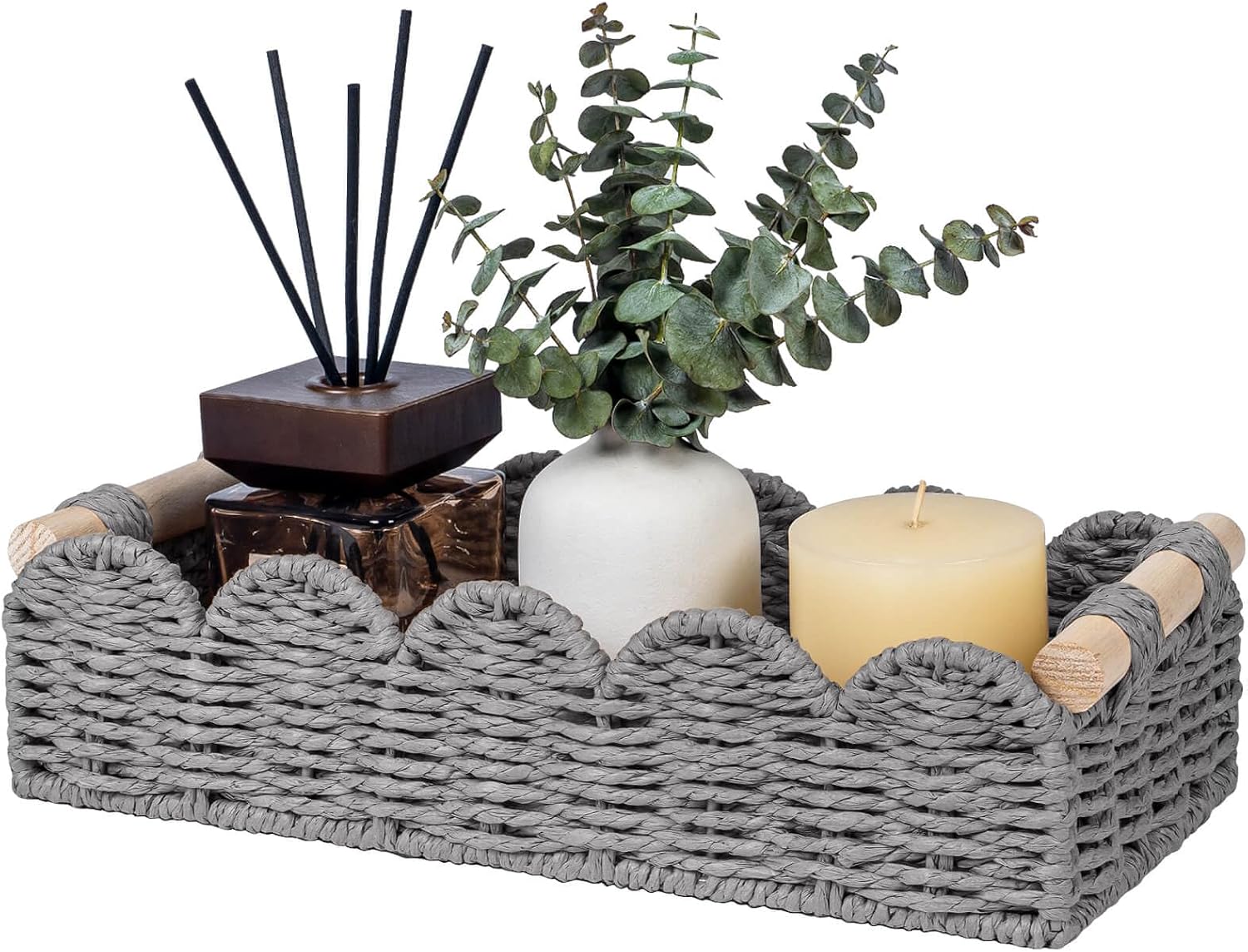 Scalloped Edge Toilet Paper Storage Basket, Living Room Home Cozy Decor Basket, Paper Rope Small Baskets for Over Toilet Storage Shelf, End Table, Shelves, with 2 Wooden Handles, Grey
