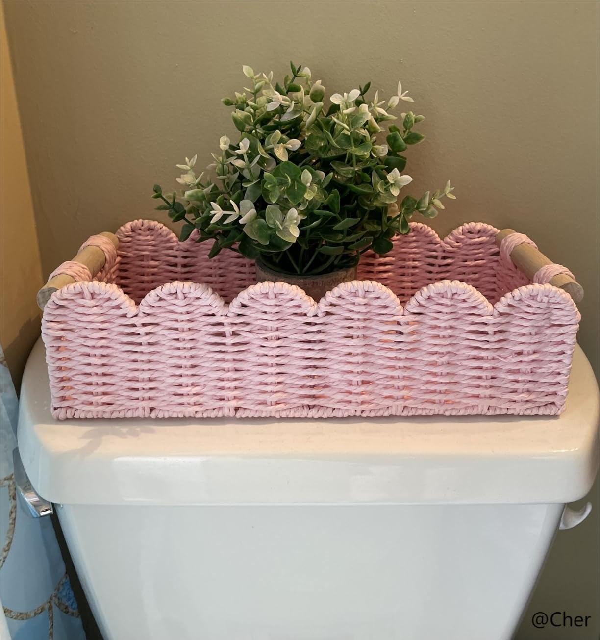Scalloped Edge Toilet Paper Storage Basket, Living Room Home Cozy Decor Basket, Paper Rope Small Baskets for Over Toilet Storage Shelf, End Table, Shelves, with 2 Wooden Handles, Grey