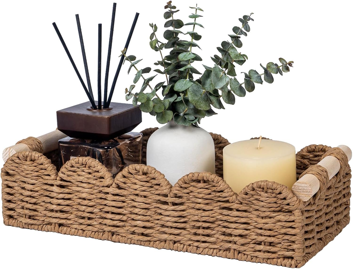 Scalloped Edge Toilet Paper Storage Basket, Living Room Home Cozy Decor Basket, Paper Rope Small Baskets for Over Toilet Storage Shelf, End Table, Shelves, with 2 Wooden Handles, Grey