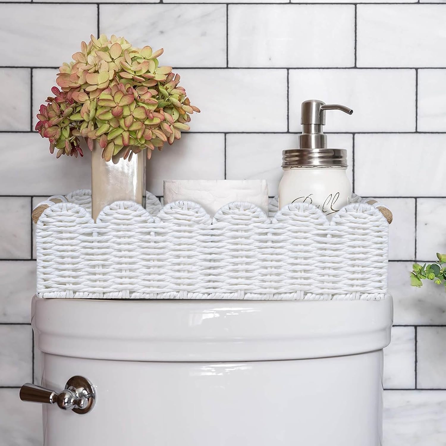 Scalloped Edge Toilet Paper Storage Basket, Living Room Home Cozy Decor Basket, Paper Rope Small Baskets for Over Toilet Storage Shelf, End Table, Shelves, with 2 Wooden Handles, Grey