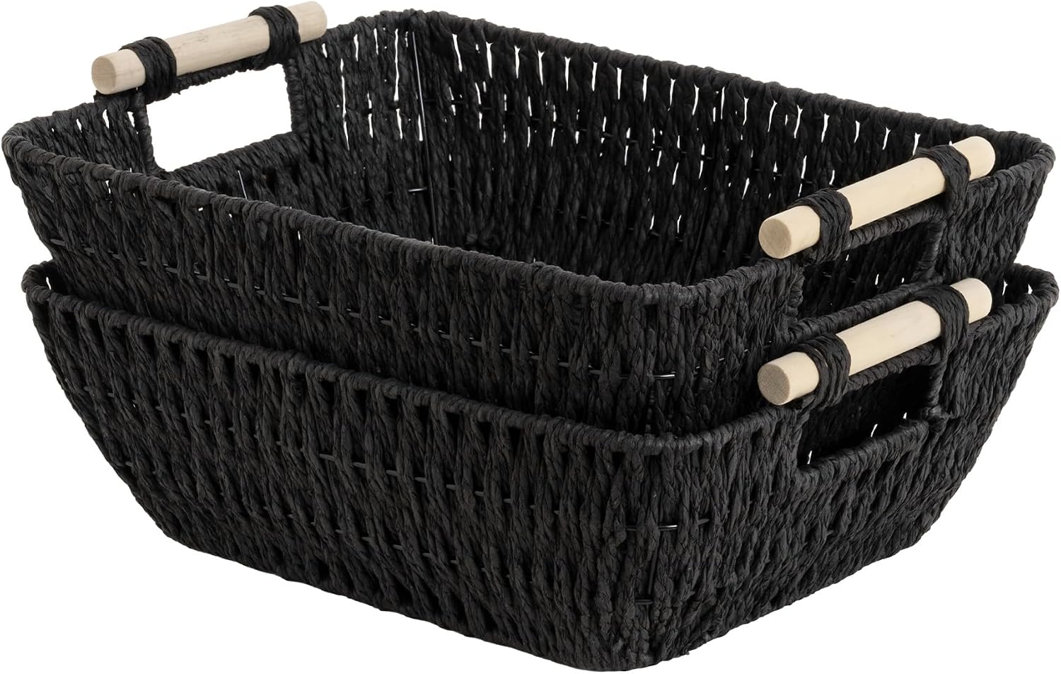Hand-Woven Large Storage Baskets with Wooden Handles, Water Hyacinth Wicker Baskets for Organizing