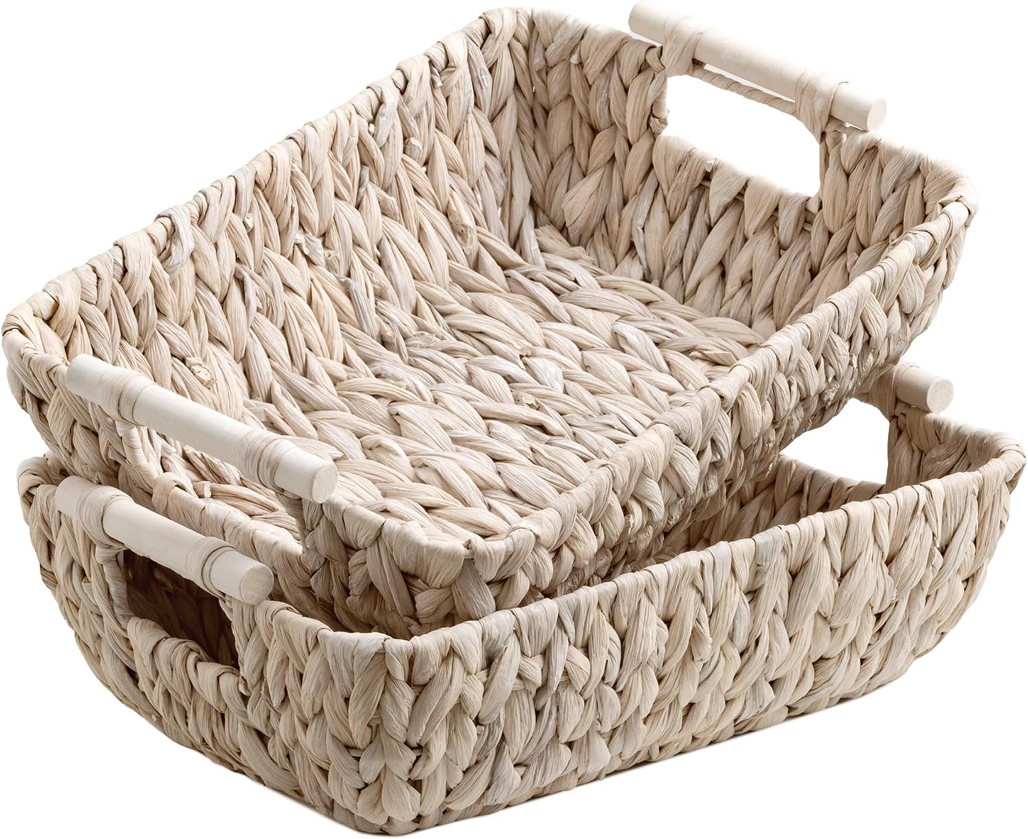 Hand-Woven Large Storage Baskets with Wooden Handles, Water Hyacinth Wicker Baskets for Organizing