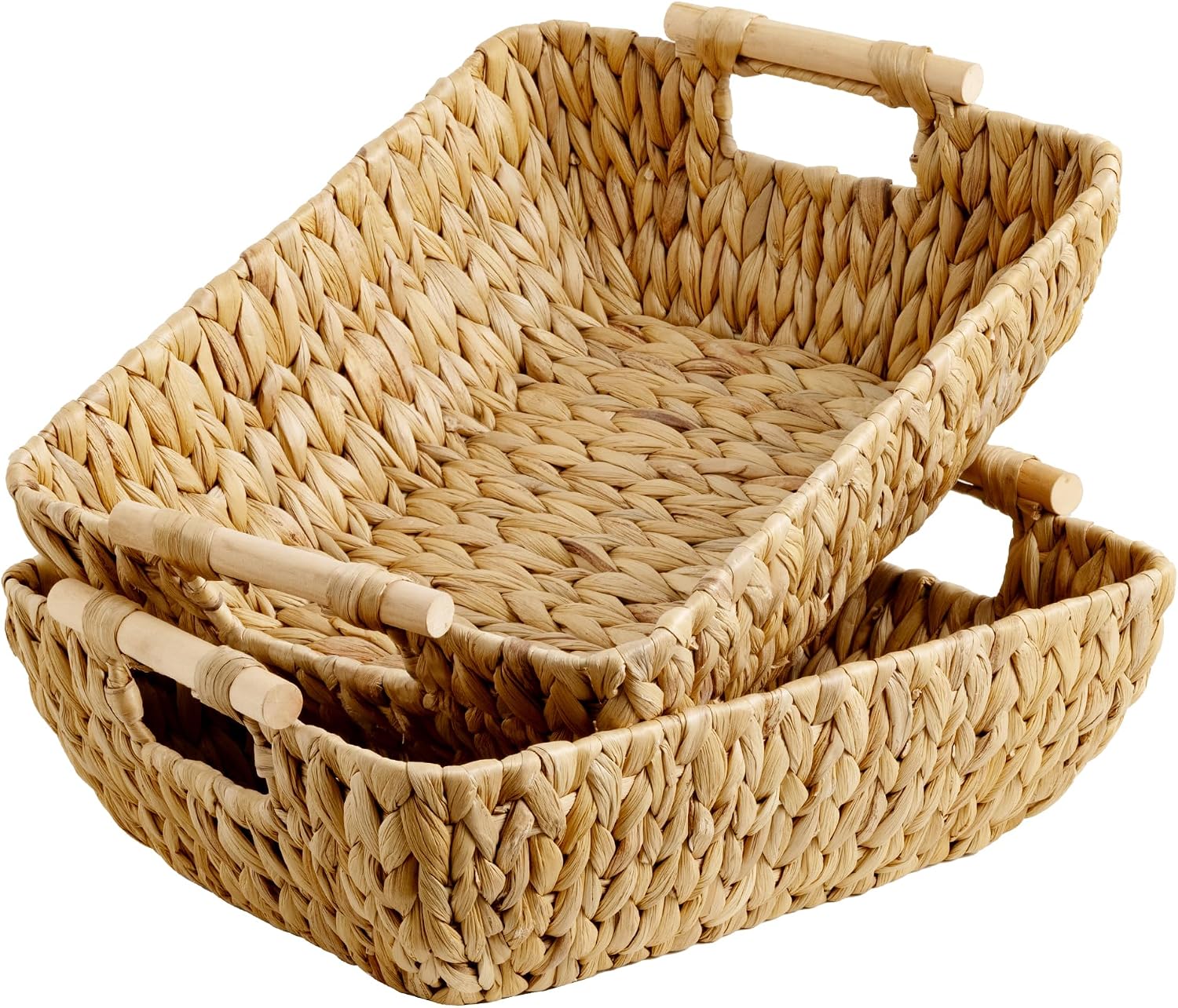 Hand-Woven Large Storage Baskets with Wooden Handles, Water Hyacinth Wicker Baskets for Organizing