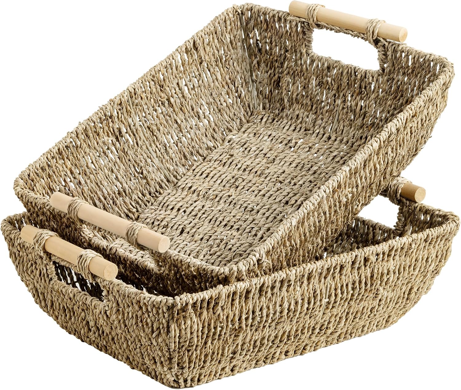 Hand-Woven Large Storage Baskets with Wooden Handles, Water Hyacinth Wicker Baskets for Organizing