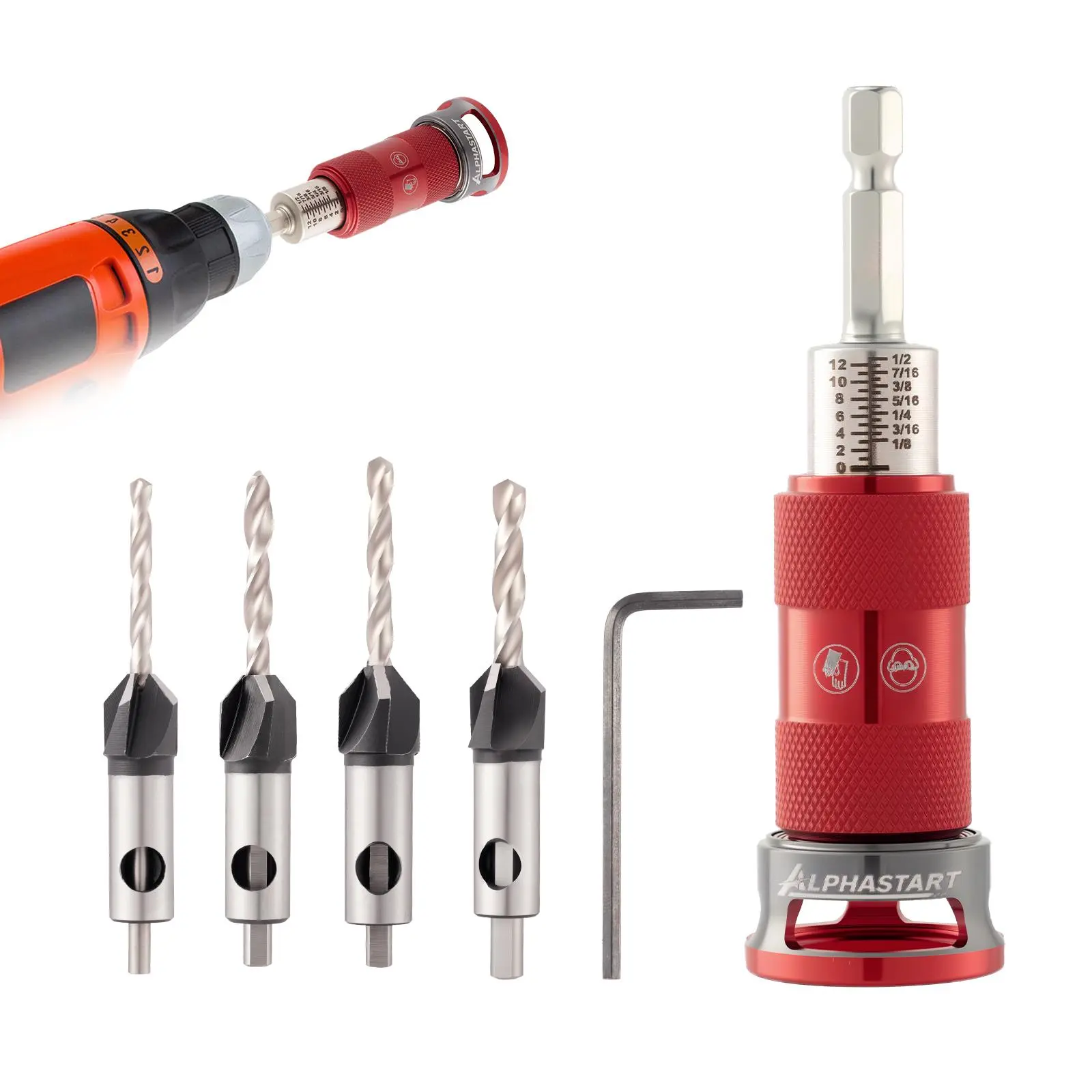 ALPHASTART 4PCS HCS (High Carbon Steel) 4-Blade Countersink Drill Bit Set with Adjustable Depth Stop, L-Shape Wrench, Work Tools for Precision Drilling, Suitable for Wood and Plastic, Tool Included for Drilling in Wood and Plastic