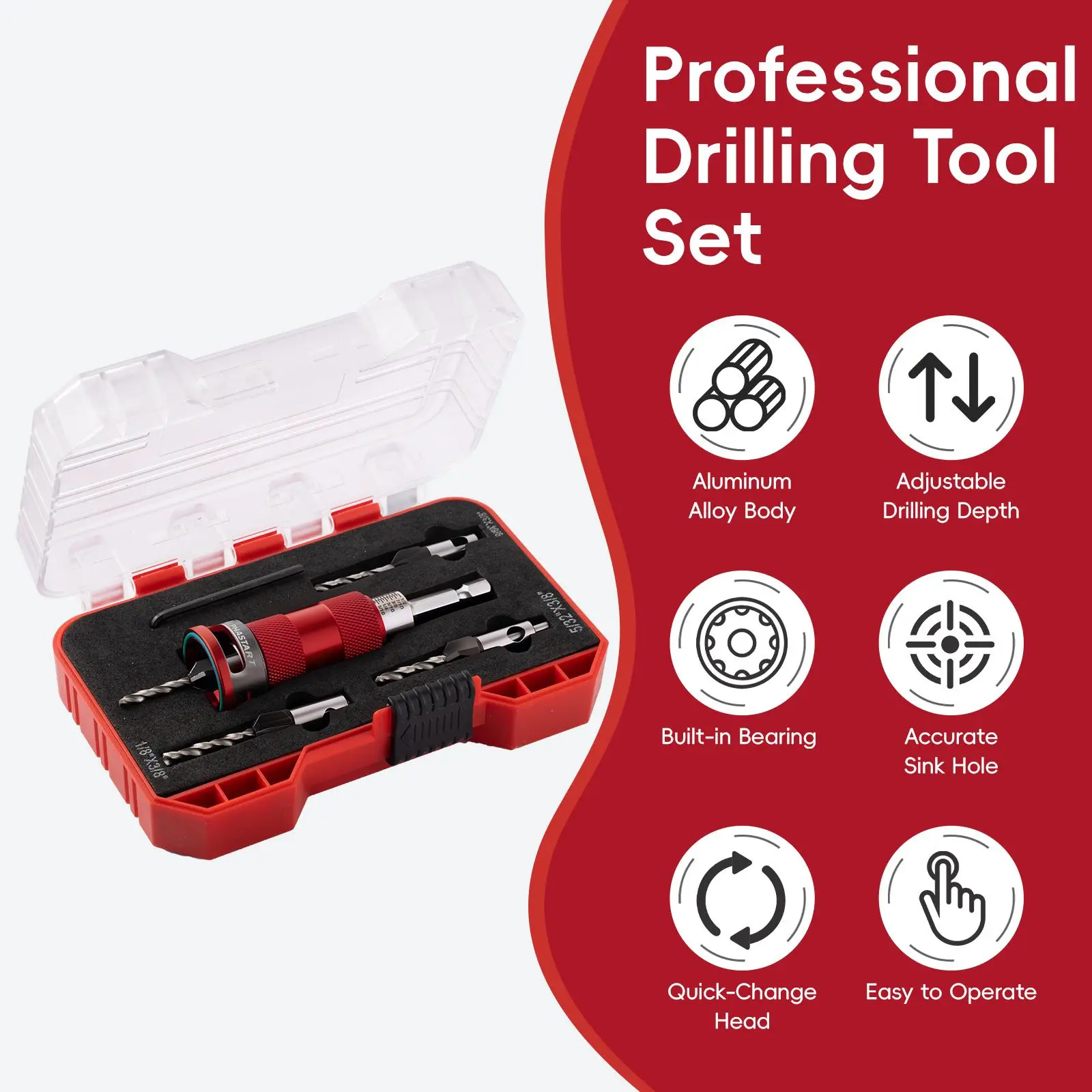 ALPHASTART 4PCS HCS (High Carbon Steel) 4-Blade Countersink Drill Bit Set with Adjustable Depth Stop, L-Shape Wrench, Work Tools for Precision Drilling, Suitable for Wood and Plastic, Tool Included for Drilling in Wood and Plastic