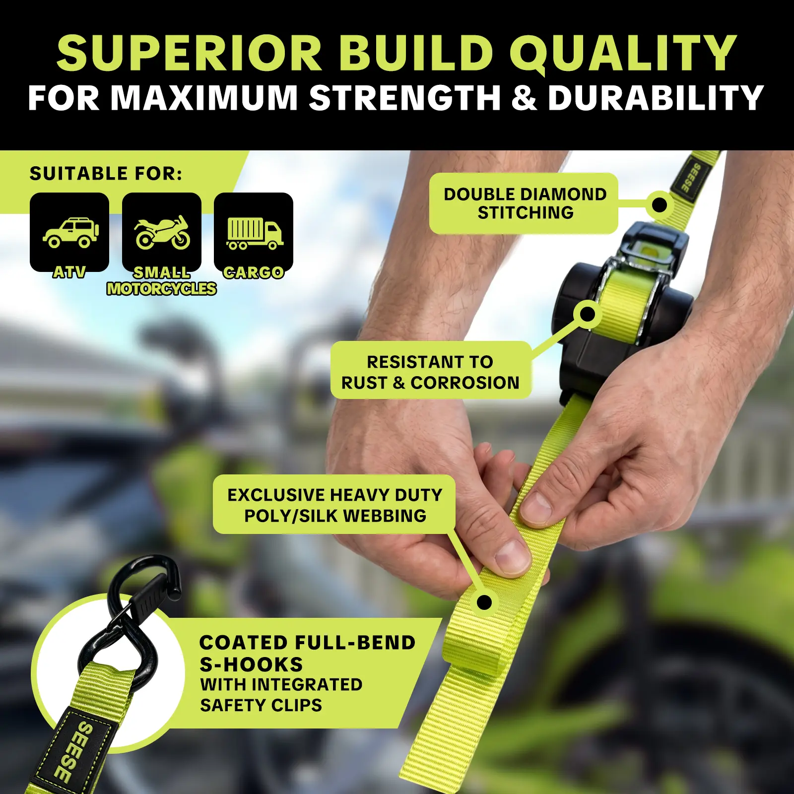 SEESE Car Tie Downs with Ratchets 1"x 11 ft-1500 LB Break Strength Cargo Straps for Moving Appliances, Lawn Equipment, Motorcycle Green