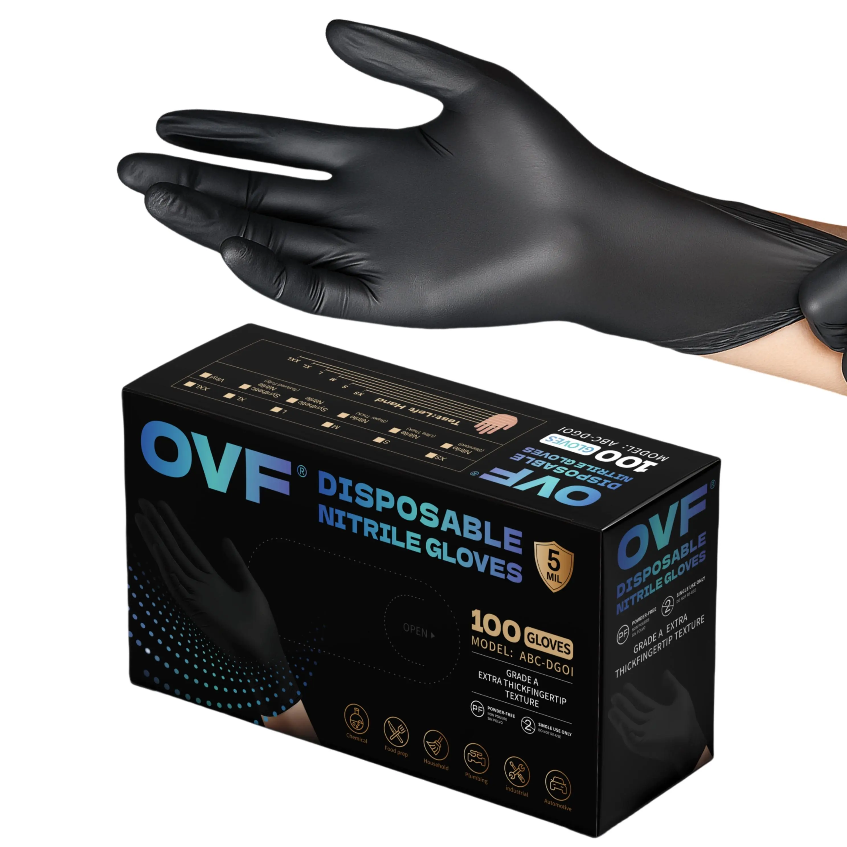 OVF Black Nitrile Gloves, 5mil Heavy Duty Soft Disposable Gloves, 100 Count Latex Free Powder Free Reusable Gloves for Cleaning, Auto Repair, Food Processing, Tattoo, Hair Dye, Kitchen, Salon, Gardening (M-XL Sizes)