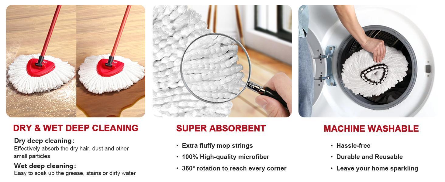 For O-cedar Microfiber Spin Mop Heads Refills & Scrub Brush without handle&bucket,for O-Cedar Easywring Spin Mop 1 Tank System Scrub Replacement Deep Cleaning Pack, Microfiber Mop Heads for   concrete floor  ,dorm essentials,home essentials