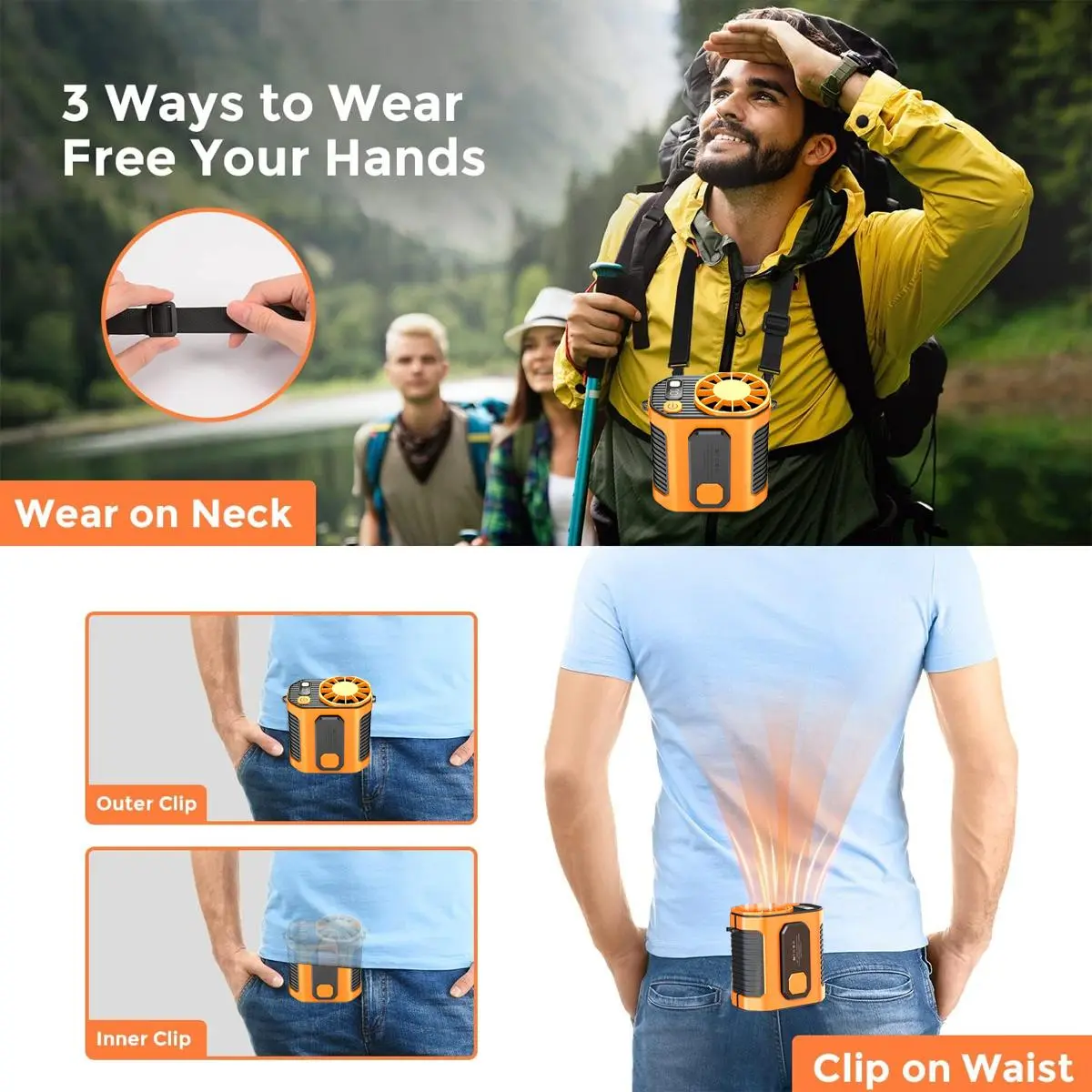 Portable Waist Clip Fan, Cool Clip Fan Under Shirt, Personal Belt Fan Clip On Waist Portable Cooling Fan, with LED Light, USB Rechargeable Portable Waist Fan for Outdoor Play and Work summerwins