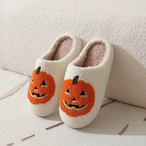 Women Men Comfy Faux Fur Lined Skull Pumpkin Plush Slippers Antislip Soft Sole House Shoes Bedroom Shoes Flat Slides Fluffy Footwear Halloween gift