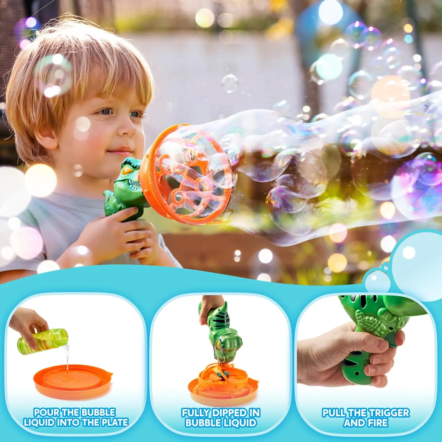 Dinosaur Bubble Gun Blower Toy, Bubble Machine with Solution Refill, Outdoor Toy for Kids, Boys, Girl, Party, Summer,Outdoor, Birthday