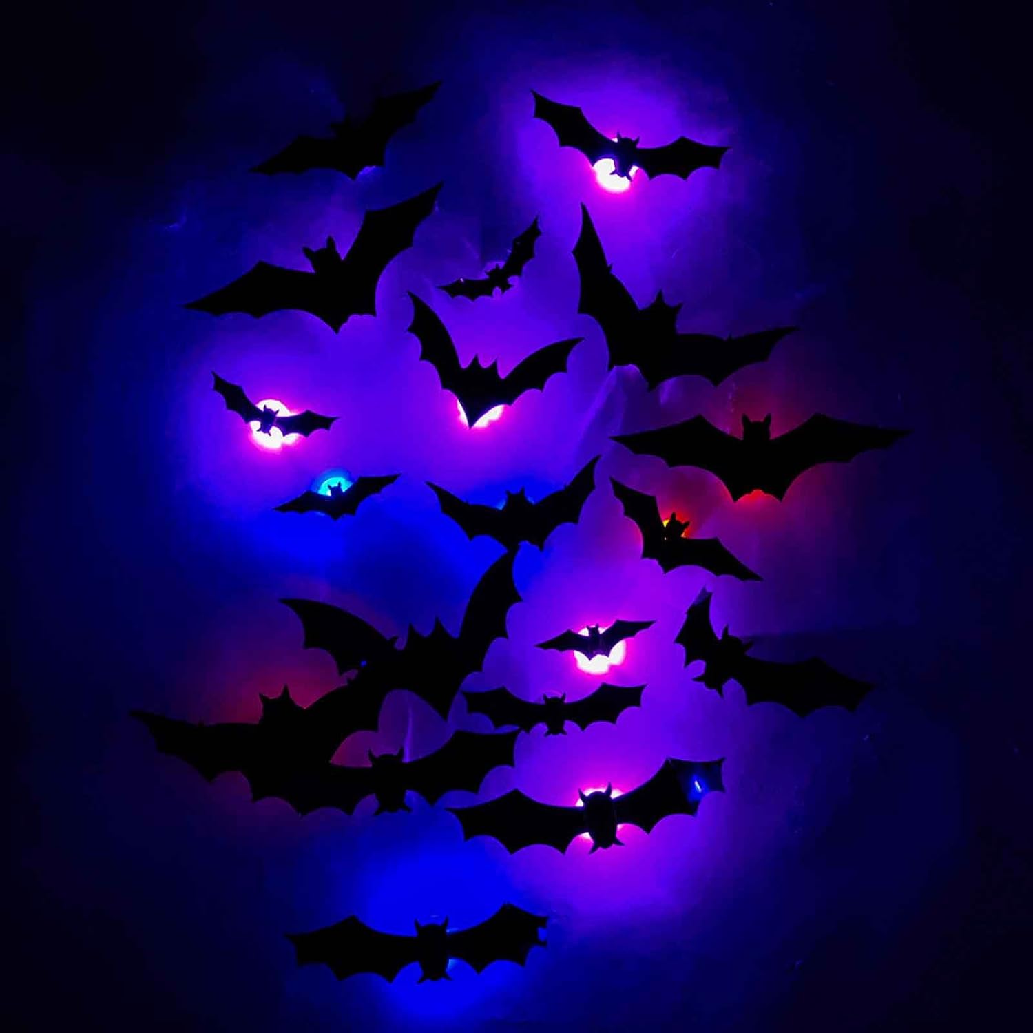 12/24/36/48/60PCS 3D Bats Wall Decor LED Halloween Stickers 5 Different Sizes Realistic PVC Scary Black Bat Sticker with Colorful Light Double-Sided Adhesive DIY Wall Decal Halloween Decorations