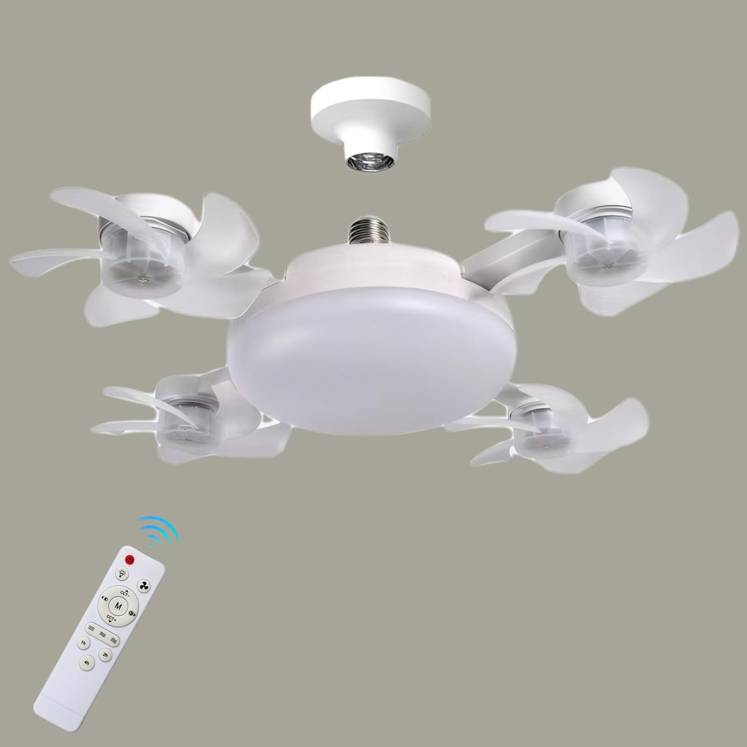 Screw-in Ceiling Fan Light Bulb with Remote Control, E27 Socket Fan Light 3 Speed Adjustable Dimmable LED Light Bulb Fan 3000K-6000K Color for Bedroom, Kitchen, Garage