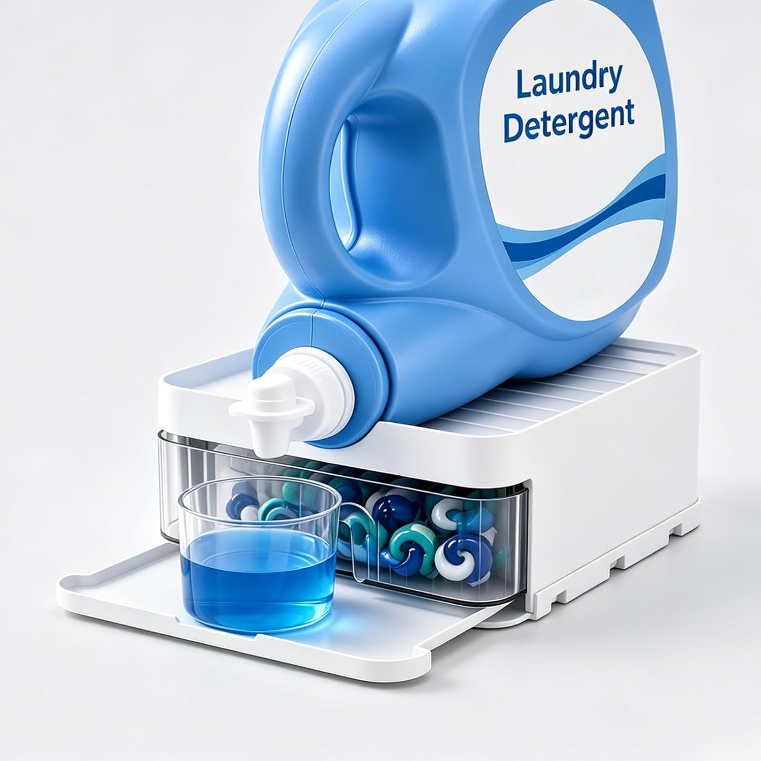 3-in-1 Laundry Detergent Organizer Stand with Pod Storage Drawer & Drip Tray, Detergent Dispenser Holder for Large Bottles, Laundry Capsule Storage Box
