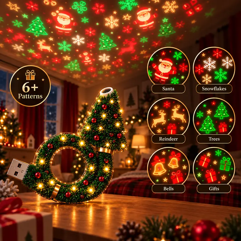 Homeandhappen - New USB Plug-In Christmas Projector Night Light, 6+ Holiday Pattern Ceiling Lamp, Warm LED Christmas Tree Room Decor for Bedroom, Party & Holiday Gifts
