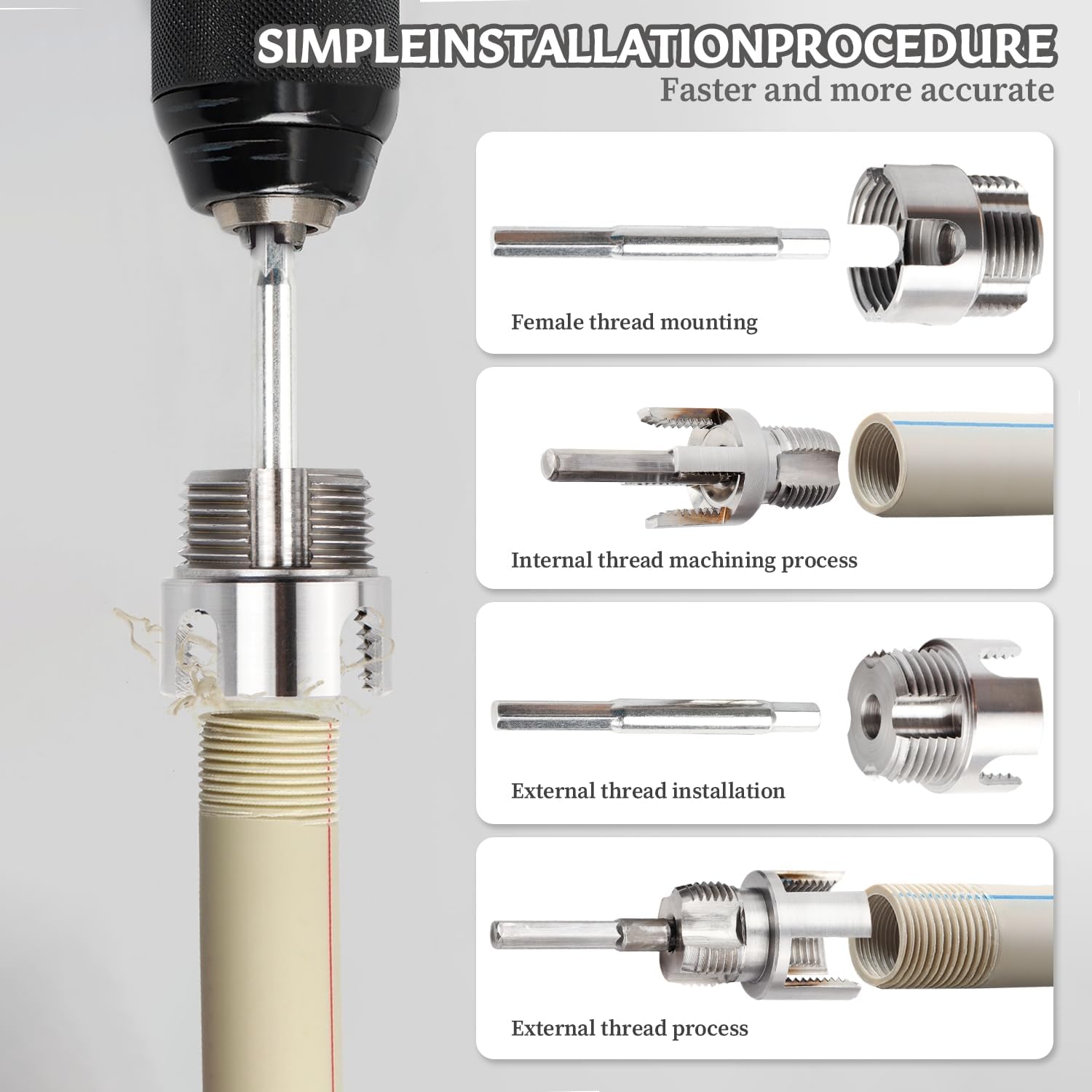PVC Pipe Threader Set 1/2, 3/4 and 1 Inch | Integrated internal and external pipe threading tool, drill compatible, for plumbing repair PVC pipes and DIY projects
