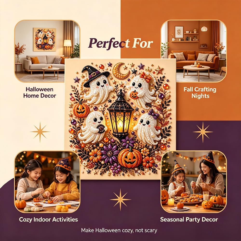 Last Day 50% OFF - Halloween Ghost Pearl Art DIY Kit, 3D Pearl Mosaic Craft Set, Beginner Friendly Handmade Pearl Painting, Cute Ghost Pumpkin Canvas Art, Gift for DIY Craft Lovers