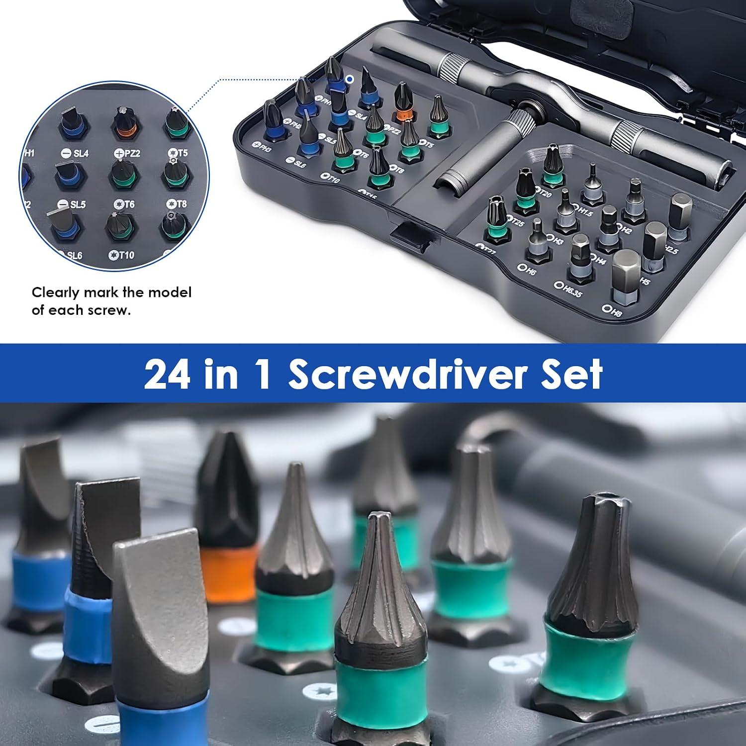 24 in 1 Magnetic Ratchet Screwdriver Set, Precision Repair Tool Kit with Detachable Handle & Multi Bits, Portable DIY Hand Tool Kit for Gifts, Computer, Bicycle, Furniture, Electronics