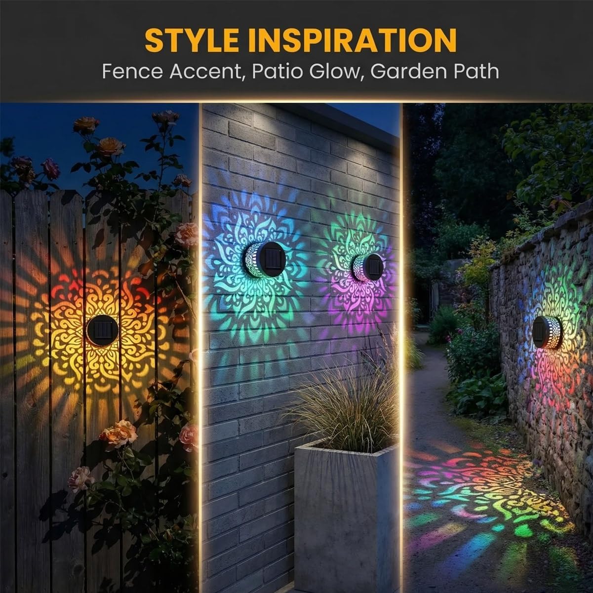 Solar Mandala Wall Light Outdoor Garden Fence Projector Lamp Patio Ambient Decor
