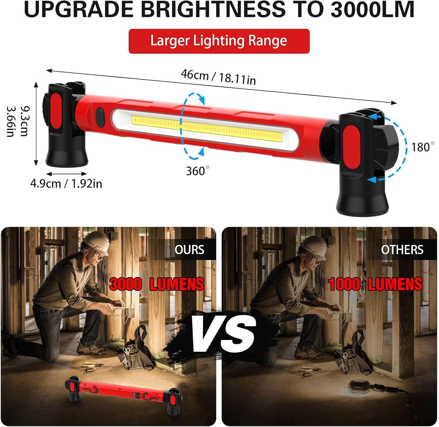 ERAY Magnetic LED Work Light, 6000mAh /3000LM Rechargeable Under Hood Work Light Bar - Mechanic Light with 3 Modes 360° Adjustable Waterproof, Car Repairing Inspection Garage Workshop Emergency