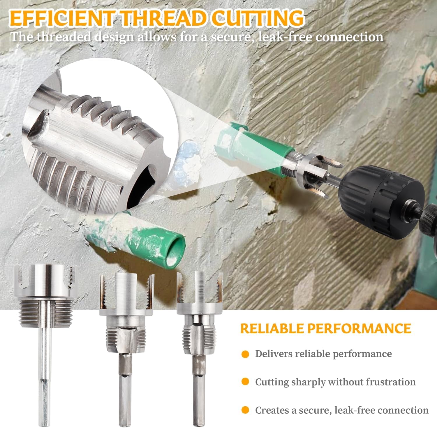 PVC Pipe Threader Set 1/2, 3/4 and 1 Inch | Integrated internal and external pipe threading tool, drill compatible, for plumbing repair PVC pipes and DIY projects