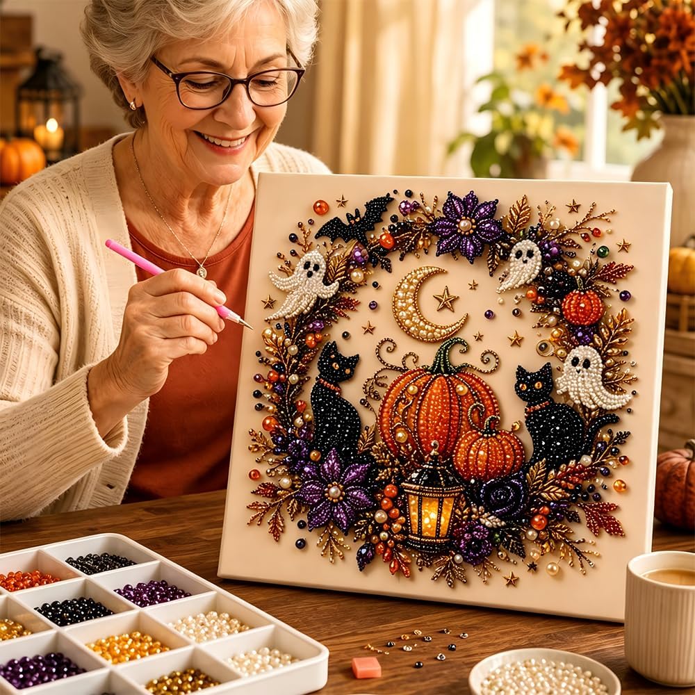 Last Day 50% OFF - Halloween Ghost Pearl Art DIY Kit, 3D Pearl Mosaic Craft Set, Beginner Friendly Handmade Pearl Painting, Cute Ghost Pumpkin Canvas Art, Gift for DIY Craft Lovers