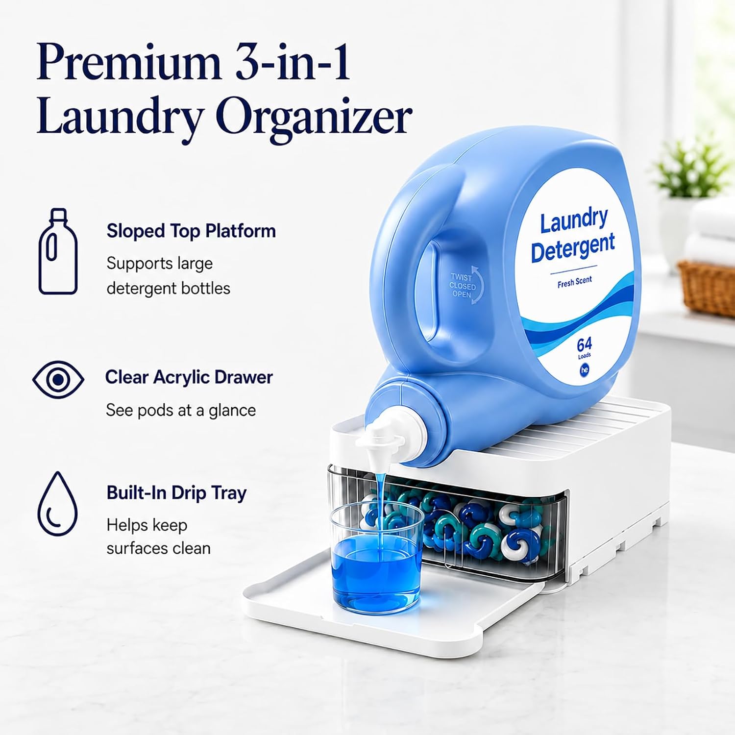 3-in-1 Laundry Detergent Organizer Stand with Pod Storage Drawer & Drip Tray, Detergent Dispenser Holder for Large Bottles, Laundry Capsule Storage Box