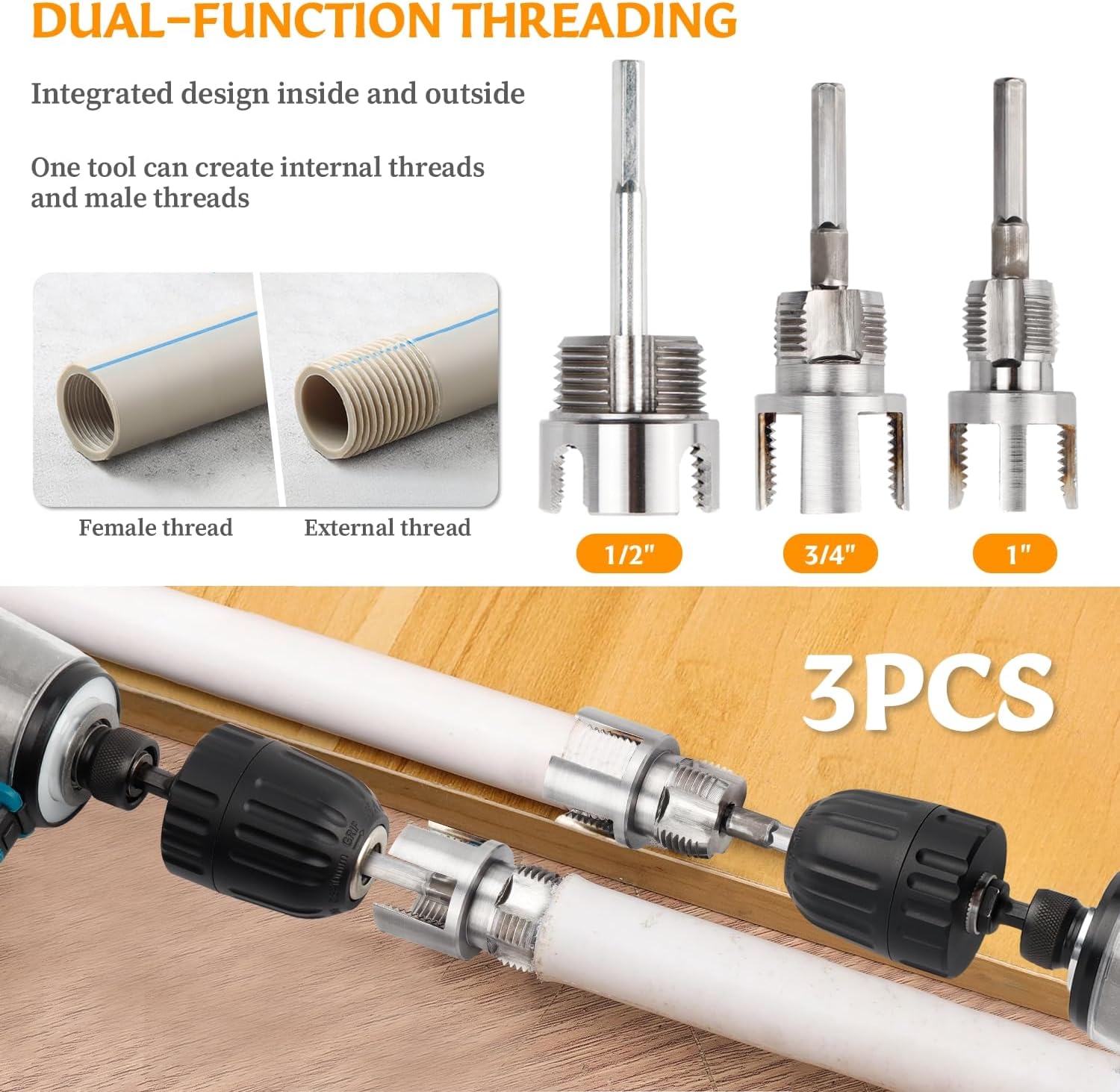PVC Pipe Threader Set 1/2, 3/4 and 1 Inch | Integrated internal and external pipe threading tool, drill compatible, for plumbing repair PVC pipes and DIY projects