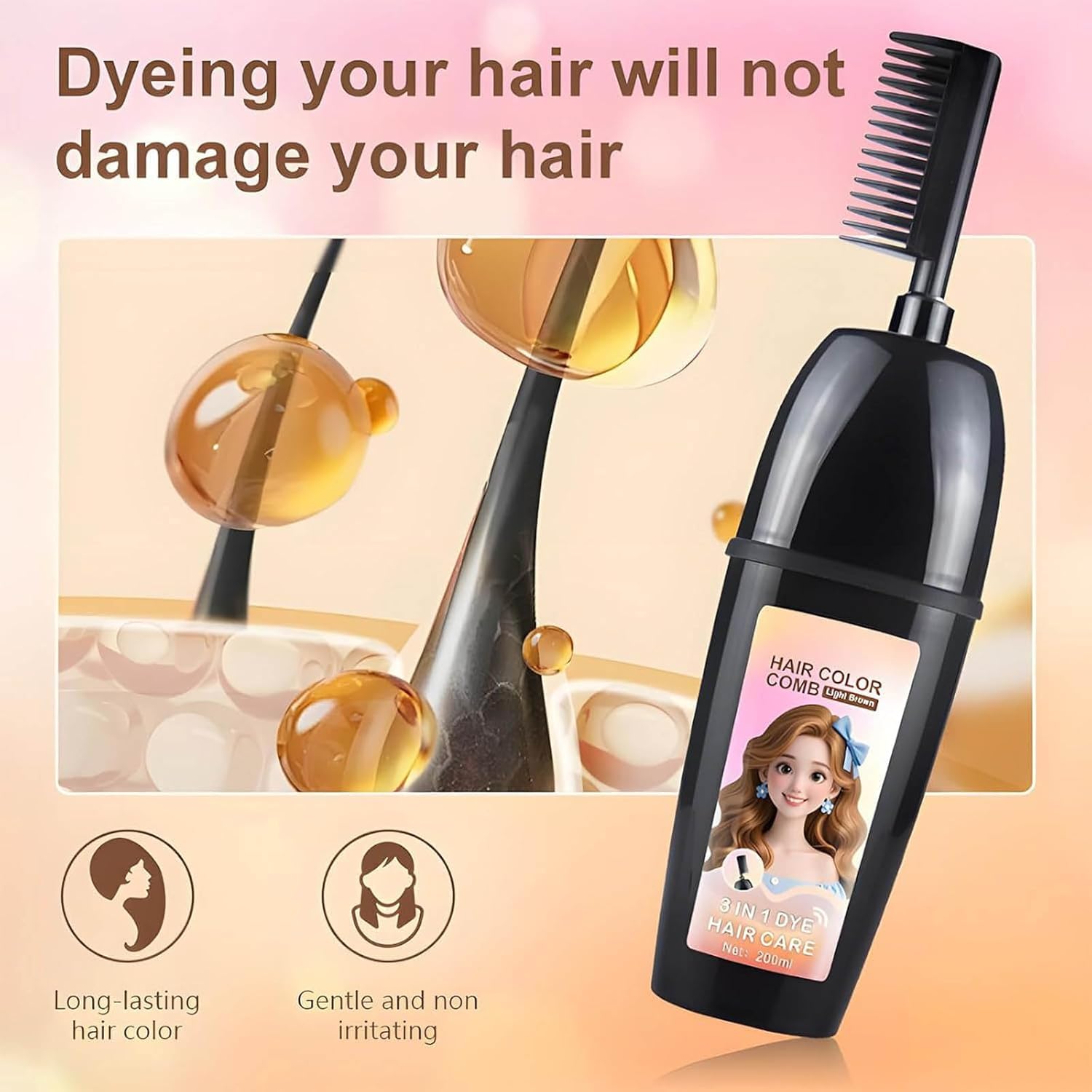 3-In-1 Hair Dye Comb With Built-In Brush, Portable Hair dye, Plant-based Hair Dye, Gentle Gray Hair Coverage, Easy To Use