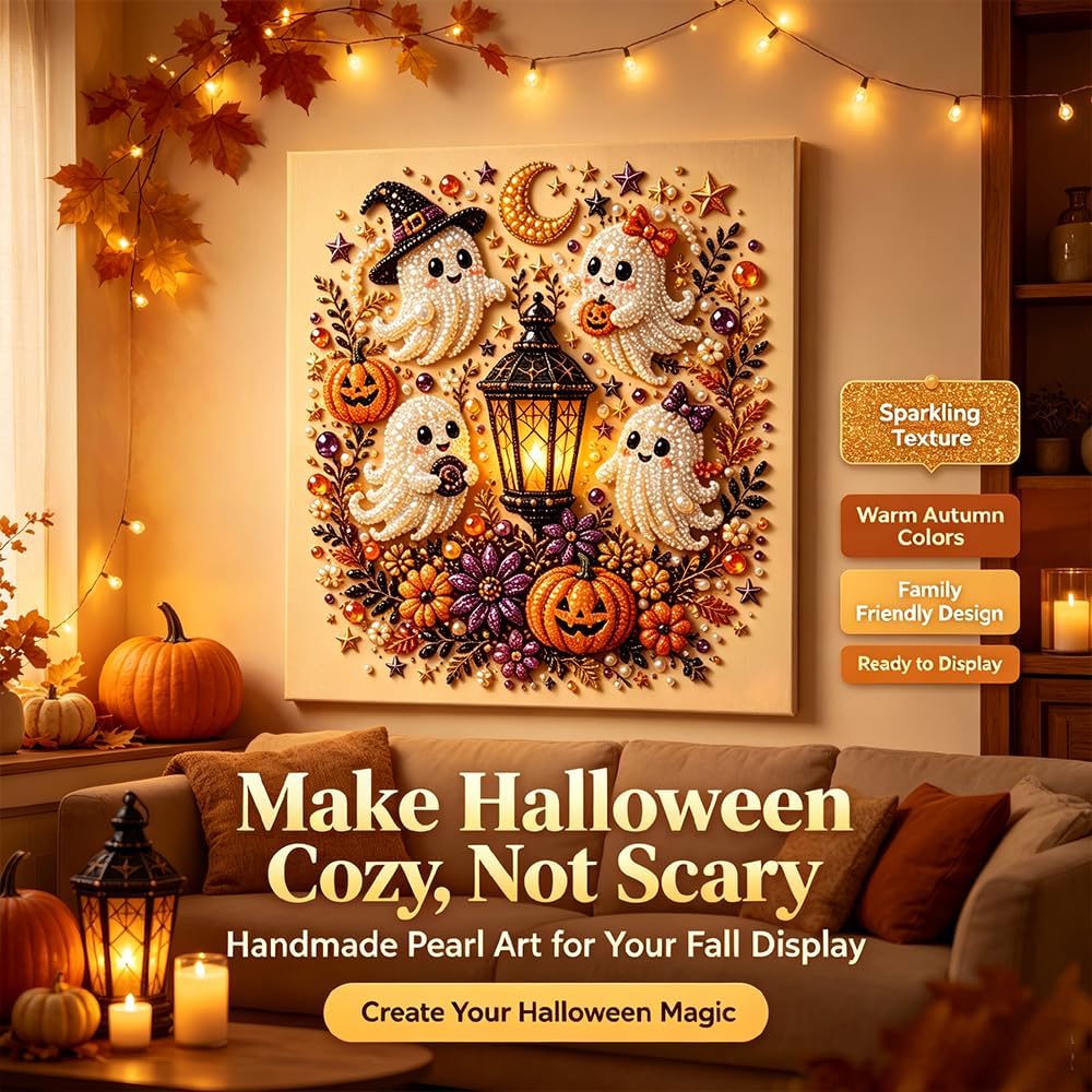 Last Day 50% OFF - Halloween Ghost Pearl Art DIY Kit, 3D Pearl Mosaic Craft Set, Beginner Friendly Handmade Pearl Painting, Cute Ghost Pumpkin Canvas Art, Gift for DIY Craft Lovers