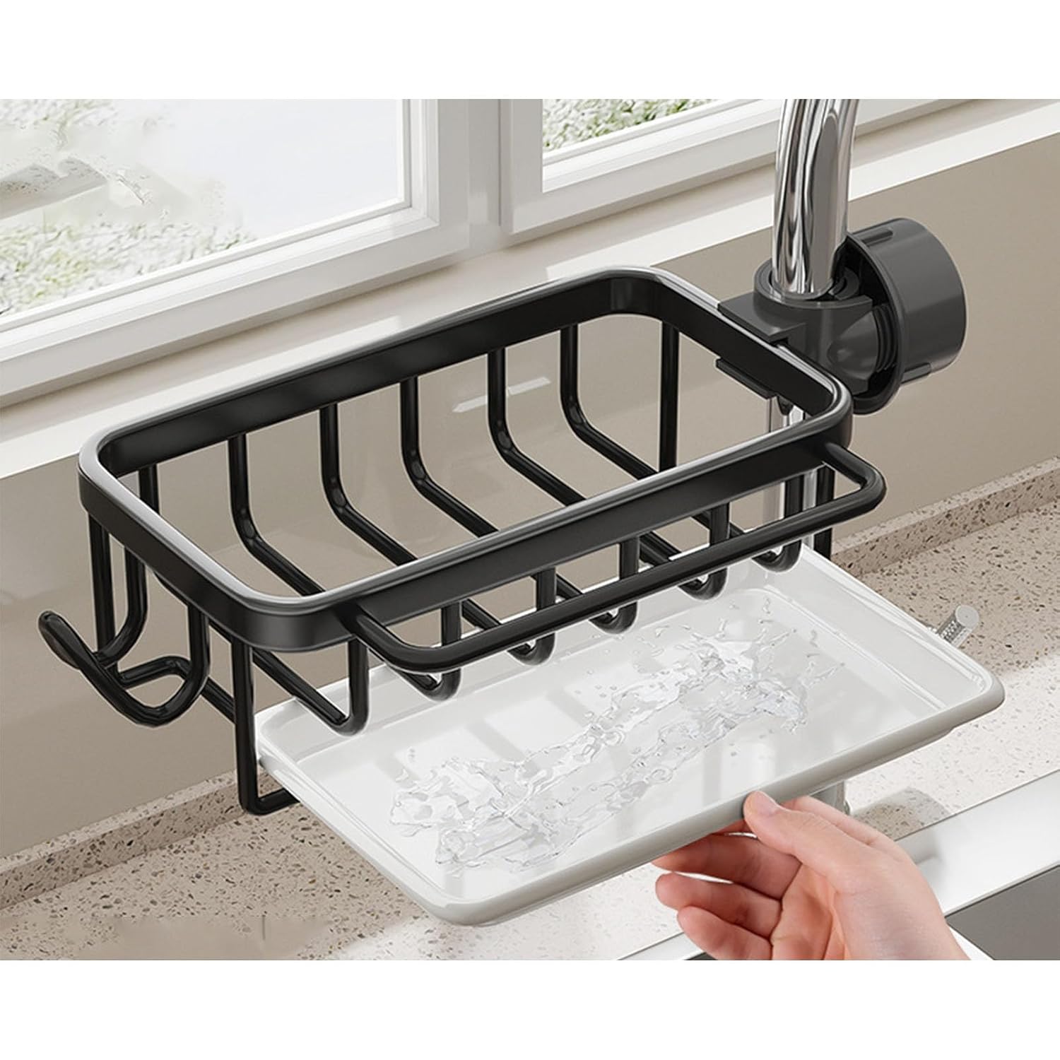 Kitchen Faucet Organizer Rack, Under Sink Organizers Multifunctional Rustproof Sponge Dish Soap Brush Sink Caddy Holder with Drip Tray