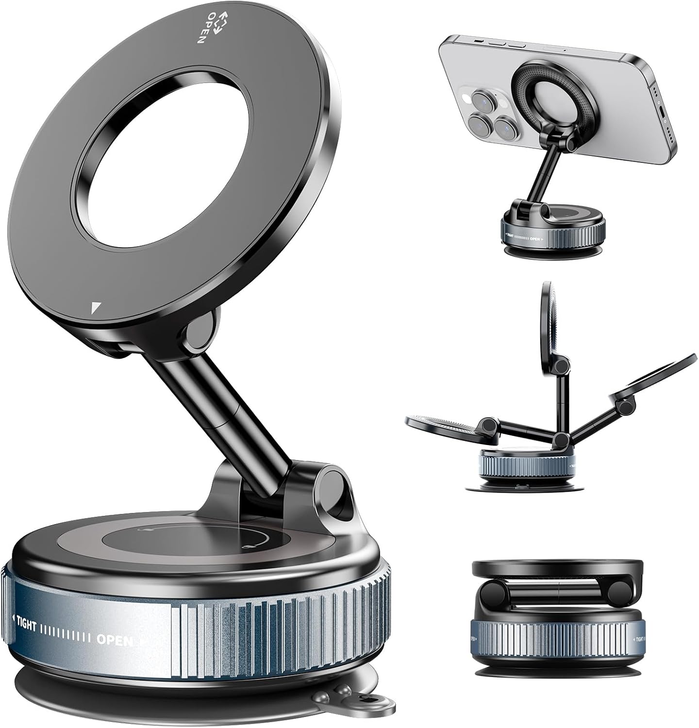 Vacuum Magnetic Phone Holder, 360° Adjustable Magnetic Car Mount, Foldable Portable Suction Cup Cell Phone Mount for Car/Gym/Mirror/Shower, Compatible with All Smartphones & All Car Models