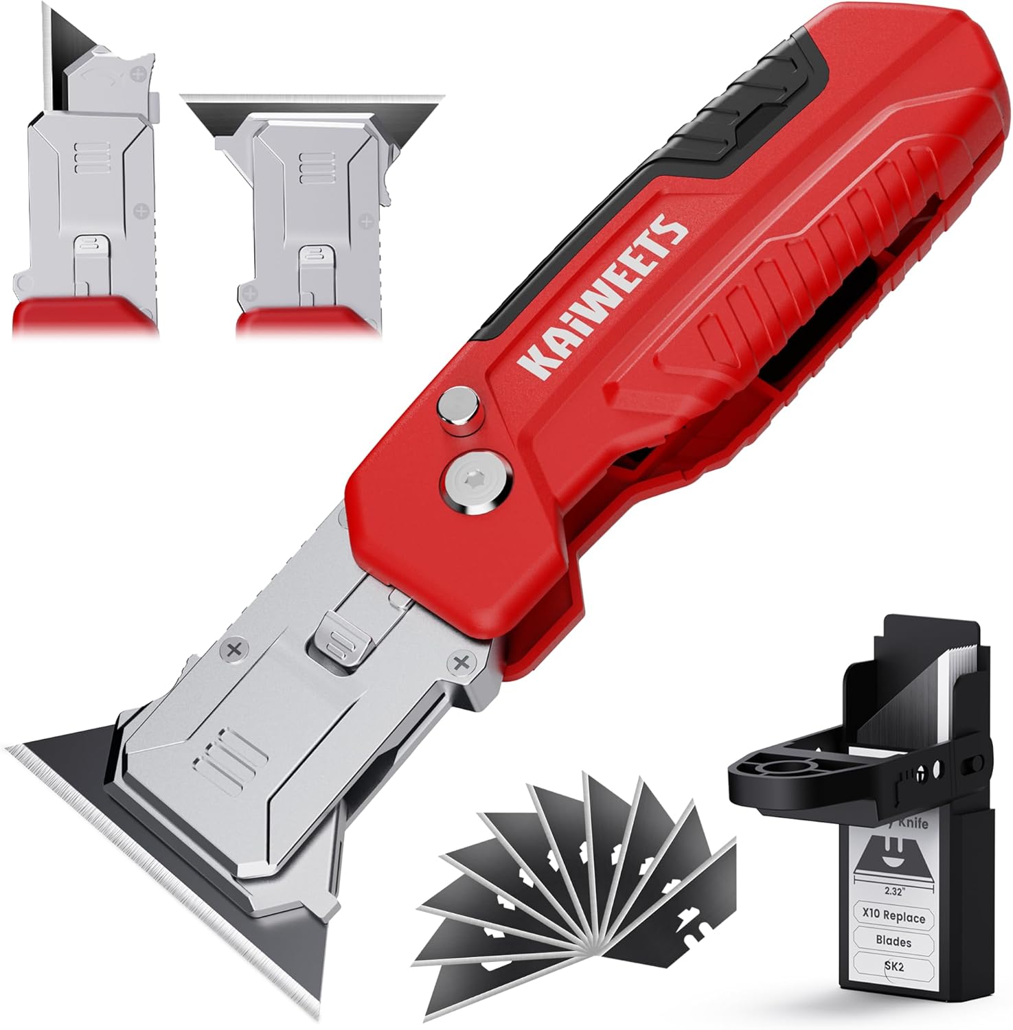 KAIWEETS Utility Knife Scraper, 2-in-1 Folding Box Cutter with Blade Storage, Heavy Duty Zinc Alloy Body, Retractable Design, 12pcs SK2 Black Blades replacement, EDC Tool for Home, Office, DIY