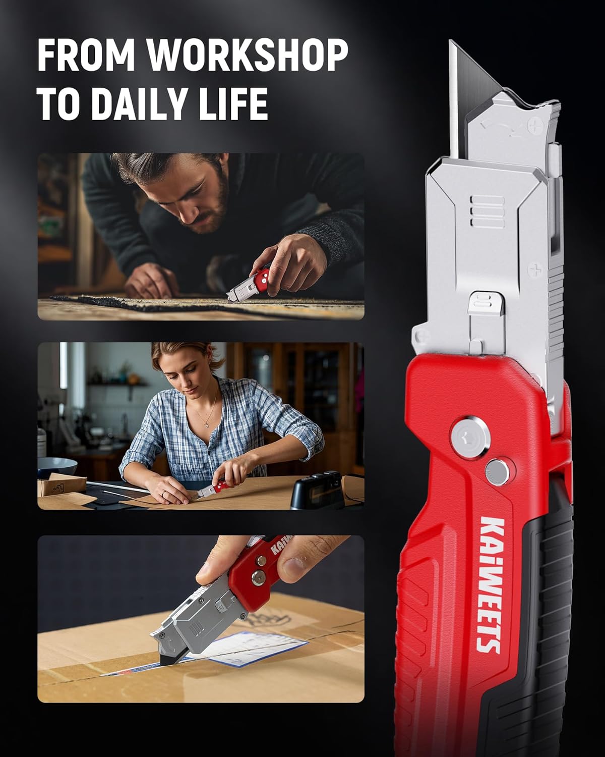 KAIWEETS Utility Knife Scraper, 2-in-1 Folding Box Cutter with Blade Storage, Heavy Duty Zinc Alloy Body, Retractable Design, 12pcs SK2 Black Blades replacement, EDC Tool for Home, Office, DIY