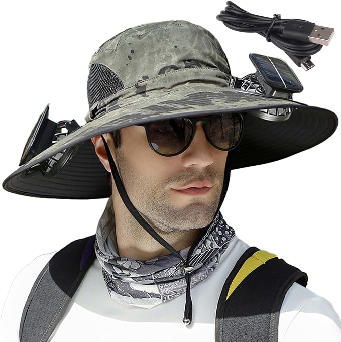 Wide Brim Sun Hat with Solar Fan, Solar Fan Hat, Men Sunscreen Sun Hats with Fans, SolarFan Outdoor