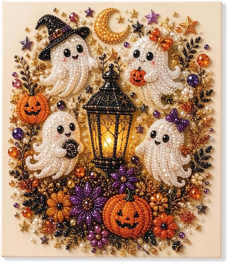 Last Day 50% OFF - Halloween Ghost Pearl Art DIY Kit, 3D Pearl Mosaic Craft Set, Beginner Friendly Handmade Pearl Painting, Cute Ghost Pumpkin Canvas Art, Gift for DIY Craft Lovers